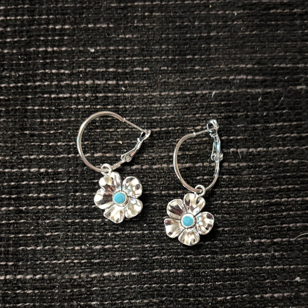 Silver Tone Floral Earrings with Turquoise Accent